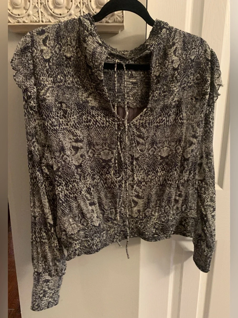 Free People Roma Smocked Blouse Neutral Snake Print Mock Neck Semi Sheer - M